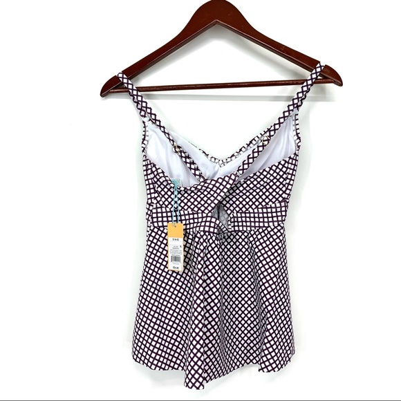 Kona Sol Burgundy Purple White Patterned Adjustable Tankini Bikini Top New Nwt - Picture 2 of 15